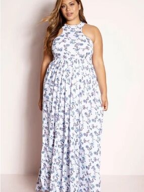 Rebdolls - Plus Size White Floral Halter Maxi Dress